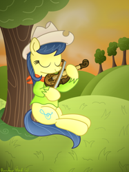 Size: 3016x4032 | Tagged: safe, artist:rainbowšpekgs, fiddlesticks, earth pony, pony, g4, apple family member, clothes, cottagecore, evening, eyes closed, female, fiddle, grass, hat, hill, mare, musical instrument, scarf, scenery, show accurate, sitting, smiling, solo, sunset, tail, tree, violin