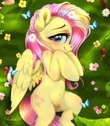 Size: 1767x2029 | Tagged: safe, artist:darksly, fluttershy, butterfly, pegasus, pony, g4, bedroom eyes, belly, belly button, blushing, body pillow, body pillow design, cute, female, flower, flower in hair, grass, looking at you, mare, shyabetes, solo