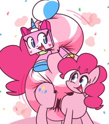 Size: 1434x1635 | Tagged: safe, artist:shslsadcat, pinkie pie, earth pony, pony, g4, crossover, diaper, diaper fetish, duo, female, fetish, lego, looking at each other, looking at someone, mare, non-baby in diaper, open mouth, open smile, poofy diaper, smiling, unikitty