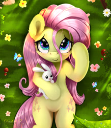 Size: 1772x2029 | Tagged: safe, artist:darksly, angel bunny, fluttershy, butterfly, pegasus, pony, rabbit, animal, bedroom eyes, blushing, body pillow, body pillow design, cute, female, flower, grass, looking at you, male, mare, shyabetes, solo