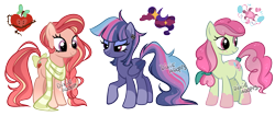 Size: 1497x637 | Tagged: safe, artist:dixieadopts, oc, oc only, oc:apple poison, oc:pink ocean, oc:scandalous night, earth pony, pony, unicorn, bow, braid, clothes, coat markings, colored wings, ear piercing, earring, eyeshadow, female, folded wings, freckles, gradient legs, jewelry, lidded eyes, magenta eyes, magical lesbian spawn, makeup, mare, offspring, parent:big macintosh, parent:fluttershy, parent:pinkie pie, parent:rainbow dash, parent:sandbar, parent:twilight sparkle, parents:fluttermac, parents:sandpie, parents:twidash, piercing, pink eyes, ponytail, raised hoof, scarf, simple background, socks (coat markings), sparkly mane, sparkly tail, standiong, striped scarf, tail, tail bow, transparent background, trio, watermark, wings