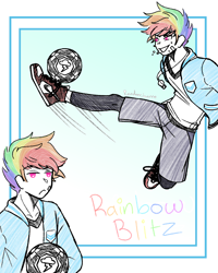 Size: 1080x1350 | Tagged: safe, artist:bunne, rainbow dash, human, equestria girls, g4, ball, clothes, colored, colored sketch, equestria guys, football, humanized, jacket, jock, kicking, male, rainbow blitz, rule 63, shirt, shoes, shorts, sketch, smiling, smirk, sneakers, solo, sports, varsity jacket, whistle, whistle necklace
