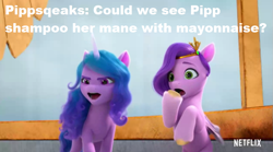 Size: 863x480 | Tagged: safe, edit, edited screencap, screencap, izzy moonbow, pipp petals, pegasus, pony, unicorn, g5, my little pony: make your mark, my little pony: make your mark chapter 1, spoiler:my little pony: make your mark, angry, bing bong, duo, duo female, female, mare, shocked, shocked expression