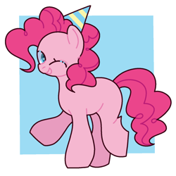Size: 1280x1280 | Tagged: safe, artist:artsykiddoyt, pinkie pie, earth pony, pony, g4, hat, missing cutie mark, one eye closed, party hat, solo