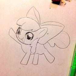 Size: 1024x1024 | Tagged: safe, artist:ho_ti_, apple bloom, earth pony, pony, g4, female, filly, foal, raised hoof, sketch, smiling, solo, traditional art