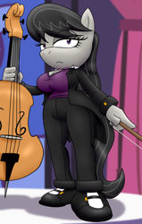 Size: 1400x2200 | Tagged: safe, artist:flash equestria photography, octavia melody, mobian, anthro, g4, bowtie, breasts, busty octavia melody, cello, cleavage, clothes, female, musical instrument, pants, solo, sonic the hedgehog (series), sonicified