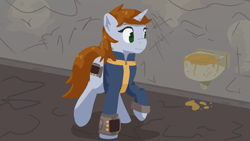 Size: 1920x1080 | Tagged: safe, artist:toshimatsu, oc, oc only, oc:littlepip, pony, unicorn, fallout equestria, clothes, fanfic, fanfic art, female, female oc, green eyes, hooves, horn, jumpsuit, mare, pipbuck, raised hoof, solo, stable 24, vault suit, walking, water fountain