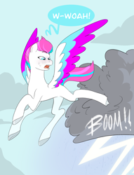 Size: 1765x2305 | Tagged: safe, artist:aztrial, zipp storm, pegasus, pony, g5, boom, cloud, colored wings, concave belly, eyebrows, female, flying, hooves, kicking, lightning, mare, multicolored wings, onomatopoeia, open mouth, sky, slender, solo, speech bubble, spread wings, stormcloud, surprised, sweat, thin, thunder, unshorn fetlocks, wings