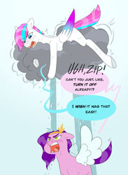 Size: 1637x2234 | Tagged: safe, artist:aztrial, part of a set, pipp petals, zipp storm, pegasus, pony, g5, annoyed, cloud, colored wings, colored wingtips, dialogue, duo, female, mare, open mouth, rain, royal sisters (g5), siblings, sisters, stormcloud, text, uvula, water, wet, wings
