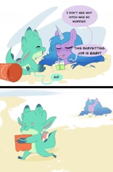 Size: 1045x1590 | Tagged: safe, artist:aztrial, izzy moonbow, sparky sparkeroni, dragon, pony, unicorn, g5, my little pony: make your mark, spoiler:my little pony: make your mark, 2 panel comic, baby, baby dragon, babysitting, beach, bucket, buried, buried in sand, comic, cup, cute, dialogue, drink, drinking straw, duo, duo male and female, eyebrows, eyebrows visible through hair, eyes closed, female, implied hitch trailblazer, male, mare, open mouth, open smile, sand, smiling, sparkybetes, speech bubble, this will end in death, this will end in tears, this will end in tears and/or death, this will not end well