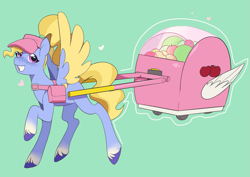 Size: 1961x1387 | Tagged: safe, artist:aztrial, fifi (g5), pegasus, pony, g5, my little pony: tell your tale, adorafifi, bag, cart, colored wings, cute, female, fruit, green background, happy, hat, mare, ponytail, shoulder bag, simple background, smiling, solo, two toned wings, unshorn fetlocks, wings