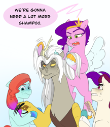 Size: 1777x2048 | Tagged: safe, artist:aztrial, idw, discord, jazz hooves, pipp petals, rocky riff, draconequus, earth pony, pegasus, pony, g5, spoiler:comic, spoiler:g5, spoiler:g5comic, brush, claws, female, makeover, male, mare, old man discord, razor, scared, shampoo, stallion, sweat
