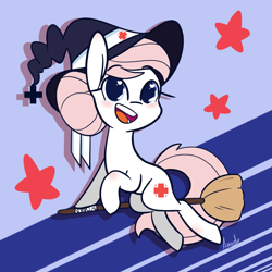 Size: 1280x1280 | Tagged: safe, artist:lilliesinthegarden, nurse redheart, earth pony, pony, g4, broom, cute, eyelashes, female, flying, flying broomstick, hat, heartabetes, nurse hat, open mouth, open smile, smiling, solo, stars, tail, witch hat