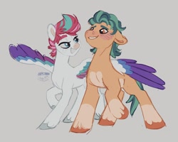 Size: 1080x864 | Tagged: safe, artist:jahomii, hitch trailblazer, zipp storm, earth pony, pegasus, pony, g5, blushing, duo, female, looking at each other, looking at someone, male, mare, ship:stormblazer, shipping, simple background, smiling, spread wings, stallion, straight, wings