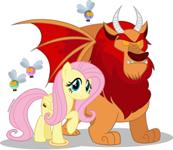 Size: 2945x2549 | Tagged: safe, artist:stellardusk, fluttershy, manny roar, manticore, parasprite, pegasus, pony, g4, alternate cutie mark, beast keeping coven, crossover, glowing, glowing eyes, high res, looking at you, show accurate, simple background, the owl house, transparent background