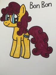 Size: 2448x3264 | Tagged: safe, artist:maddiedraws5678, bon bon (g1), earth pony, pony, g1, g4, my little pony tales, blue eyes, colored, curly hair, curly mane, curly tail, cute, female, full body, g1 adorabon, g1 to g4, generation leap, high res, hooves, mare, purple hair, purple mane, purple tail, simple background, smiling, solo, standing, tail, traditional art, white background