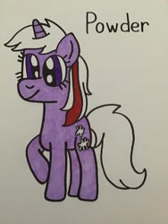 Size: 2448x3264 | Tagged: safe, artist:maddiedraws5678, powder, pony, unicorn, g1, g4, colored, cute, female, full body, g1 to g4, generation leap, high res, hooves, mare, multicolored hair, multicolored mane, powderbetes, purple eyes, raised hoof, raised leg, simple background, smiling, solo, standing, tail, traditional art, white background, white tail