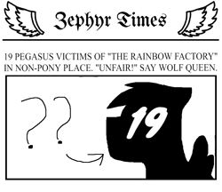 Size: 834x720 | Tagged: safe, artist:wonderwolf51, edit, edited screencap, editor:wonderwolf51, screencap, pegasus, pony, g4, 19, blackletter, implied the rainbow factory, implied wonderwolfia, news report, newspaper