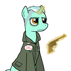 Size: 512x512 | Tagged: safe, artist:pantsuholocaust, lyra heartstrings, pony, unicorn, g4, clothes, cosplay, costume, gun, magic, simple background, solo, taxi driver, transparent background, travis bickle, weapon