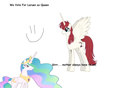 Size: 2222x1570 | Tagged: safe, artist:mia3193, princess celestia, oc, oc:fausticorn, alicorn, pony, g4, 1000 hours in ms paint, angry, celestia is not amused, crown, dialogue, female, horn, jewelry, lauren faust, mare, misspelling, regalia, simple background, smiley face, smiling, spread wings, sun, text, unamused, vote, white background, wings