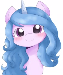 Size: 1650x1939 | Tagged: safe, artist:ginmaruxx, izzy moonbow, pony, unicorn, g5, blushing, bust, cute, female, horn, izzybetes, looking at you, mare, simple background, smiling, smiling at you, solo, white background