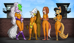 Size: 1280x743 | Tagged: safe, artist:jarethnerl, gilda, griffon, anthro, g4, clothes, crossover, cuffs, five nights at freddy's, five nights at freddy's: security breach, furry, group, handcuffed, jumpsuit, kitty katswell, prison outfit, prisoner, prisoner gilda, quartet, roxanne wolf, sing 2, suki lane, tuff puppy