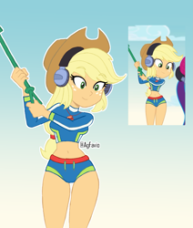 Size: 1487x1752 | Tagged: safe, artist:agfavio, screencap, applejack, human, equestria girls, g4, lost and found, my little pony equestria girls: better together, applejack's beach shorts swimsuit, belly button, clothes, female, headphones, hips, metal detector, redraw, screencap reference, shovel, solo, swimsuit