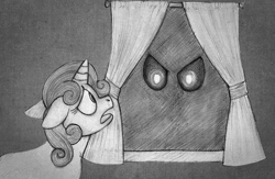 Size: 897x584 | Tagged: safe, artist:aisu-isme, sweetie belle, pony, unicorn, fanfic:red eye, g4, black and white, curtains, darkness, eyes in the dark, female, filly, floppy ears, foal, glowing, glowing eyes, grayscale, horn, monochrome, night, scared, window