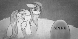 Size: 1154x571 | Tagged: safe, artist:aisu-isme, fluttershy, pegasus, pony, fanfic:red eye, bandage, black and white, female, floppy ears, gravestone, grayscale, implied death, implied spike, mare, monochrome, sad, text, walking, wings
