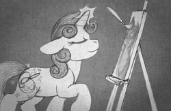 Size: 907x593 | Tagged: safe, artist:aisu-isme, sweetie belle, pony, unicorn, fanfic:red eye, black and white, canvas, eyes closed, female, filly, foal, grayscale, horn, magic, monochrome, paint, paintbrush, painting, raised hoof, smiling, sparkles