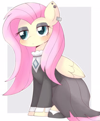Size: 1579x1903 | Tagged: safe, artist:ginmaruxx, fluttershy, pegasus, pony, g4, alternate hairstyle, blushing, clothes, ear piercing, earring, eyeshadow, female, fluttergoth, folded wings, gem, goth, jacket, jewelry, lidded eyes, makeup, mare, necklace, piercing, simple background, sitting, solo, white background, wings