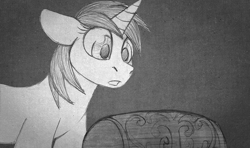 Size: 999x590 | Tagged: safe, artist:aisu-isme, oc, oc only, oc:timpani, pony, unicorn, fanfic:red eye, black and white, box, female, filly, foal, grayscale, horn, monochrome, offspring, parent:snips, parent:sweetie belle, parents:sweetiesnips