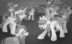 Size: 938x586 | Tagged: safe, artist:aisu-isme, apple bloom, applejack, fluttershy, pinkie pie, rainbow dash, rarity, scootaloo, sweetie belle, oc, oc:timpani, lich, pony, undead, zombie, zombie pony, fanfic:red eye, angry, applejack's hat, black and white, bow, cowboy hat, crying, cutie mark crusaders, floppy ears, gravestone, grayscale, hair bow, hat, horn, implied death, implied twilight sparkle, monochrome, offspring, parent:snips, parent:sweetie belle, parents:sweetiesnips, rest in peace, sad, spread wings, stitches, text, wings