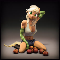 Size: 5400x5400 | Tagged: safe, artist:imafutureguitarhero, applejack, earth pony, anthro, unguligrade anthro, art pack:pin-up paradise 2022, g4, 3d, :p, abs, absurd resolution, adorasexy, apple, arm behind head, arm fluff, armpits, belly button, belly fluff, boots, border, bra, cheek fluff, chest freckles, chromatic aberration, clothes, colored eyebrows, colored eyelashes, crop top bra, cute, denim, ear fluff, evening gloves, female, film grain, fingerless elbow gloves, fingerless gloves, floppy ears, fluffy, fluffy hair, fluffy mane, fluffy tail, food, freckles, fur, gloves, gradient background, hatless, head tilt, jackabetes, jeans, kneeling, leather, leather boots, leg fluff, letterboxing, long gloves, looking at you, mare, midriff, missing accessory, nose wrinkle, on floor, one arm up, one ear down, paintover, pants, revamped anthros, revamped ponies, ripped jeans, ripped pants, sexy, shadow, shoes, short jeans, short shirt, shorts, shoulder fluff, signature, smiling, smiling at you, solo, source filmmaker, square, striped gloves, tail, tank top, that pony sure does love apples, tongue out, torn clothes, underwear, wall of tags