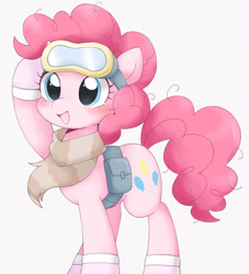 Size: 1863x2052 | Tagged: safe, artist:ginmaruxx, pinkie pie, earth pony, pony, g4, bag, blushing, clothes, cute, diapinkes, dusk till dawn, female, goggles, mare, open mouth, open smile, raised hoof, scarf, simple background, smiling, solo, white background