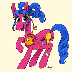 Size: 960x960 | Tagged: safe, artist:andysmovingcastle, melody, earth pony, pony, g1, my little pony tales, cd player, female, headphones, mare, pigtails, raised hoof, smiling