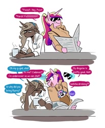 Size: 816x989 | Tagged: safe, artist:redxbacon, princess cadance, princess flurry heart, oc, oc:parch well, alicorn, pegasus, unicorn, anthro, baby, coffee, dialogue, disguise, fake moustache, sunglasses