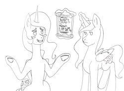 Size: 1700x1259 | Tagged: safe, artist:zhaozoharex, princess celestia, princess luna, alicorn, pony, g4, blushing, cake, clipboard, duo, female, food, luna is not amused, monochrome, simple background, sketch, unamused, white background