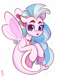 Size: 1200x1600 | Tagged: safe, artist:falafeljake, silverstream, seapony (g4), blue mane, blushing, bubble, clothes, female, fin wings, fins, fish tail, flowing mane, flowing tail, jewelry, looking at you, necklace, open mouth, purple eyes, see-through, signature, simple background, solo, swimming, tail, underwater, water, white background, wings