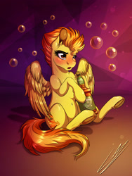 Size: 3000x4000 | Tagged: safe, artist:lupiarts, spitfire, pegasus, pony, g4, alcohol, applejack daniel's, artwork, belly button, blushing, bubble, cute, digital art, drawing, drunk, female, sitting, solo, tipsy, tipsyfire, whiskey