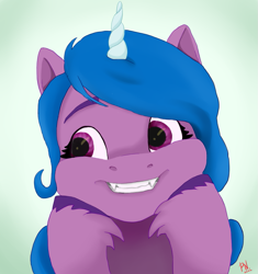 Size: 965x1027 | Tagged: safe, artist:palettenight, izzy moonbow, bat pony, pony, unicorn, g5, barney, cheeks, fangs, hooves, looking at each other, looking at someone, looking at you, smiling, smiling at you, solo