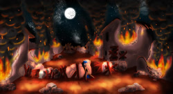 Size: 1023x558 | Tagged: safe, artist:alccarion, oc, oc only, earth pony, pony, 2012, burning, concept art, fire, game, loading screen, male, moon, night, old art, ponycraft, scared, solo, stallion