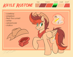 Size: 3800x2944 | Tagged: safe, artist:kaylerustone, oc, oc only, oc:kayle rustone, pegasus, pony, bandana, cutie mark, high res, looking at you, male, reference sheet, smiling, solo, stallion, wings