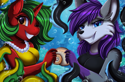 Size: 4015x2640 | Tagged: safe, artist:pridark, oc, oc only, hybrid, monster pony, octopony, original species, unicorn, anthro, bubble, coral, crepuscular rays, digital art, ear fluff, eyelashes, fangs, flowing mane, furry, furry oc, grin, high res, horn, jewelry, lidded eyes, looking at each other, looking at someone, necklace, ocean, one eye closed, pearl necklace, seashell, seaweed, smiling, smiling at each other, sunlight, swimming, teeth, tentacles, underwater, water, wink