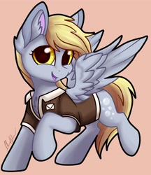 Size: 2948x3414 | Tagged: safe, artist:gleamydreams, derpy hooves, pegasus, pony, g4, clothes, female, high res, mailmare, mare, smiling, solo, spread wings, vest, wings