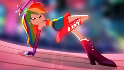 Size: 3416x1920 | Tagged: safe, edit, edited screencap, editor:itsmgh1203, screencap, rainbow dash, human, eqg summertime shorts, equestria girls, g4, raise this roof, armpits, belt, blurry, blurry background, boots, breasts, clothes, cutie mark on clothes, dance floor, devil horn (gesture), faic, fall formal outfits, female, fingerless gloves, gloves, high res, looking at you, rainbow dash is best facemaker, sexy, shoes, sleeveless, smiling, smiling at you, smirk, smug, smugdash, solo