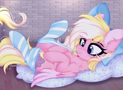 Size: 2048x1504 | Tagged: safe, artist:mint-light, oc, oc only, oc:bay breeze, pegasus, pony, bow, clothes, commission, commissioner:emberslament, female, hair bow, mare, socks, solo, striped socks