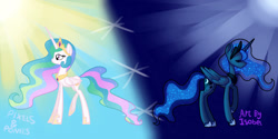 Size: 1280x640 | Tagged: safe, artist:bidabel, artist:princessfaeron, princess celestia, princess luna, pony, g4, collaboration, crepuscular rays, duality, duo, royal sisters