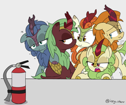 Size: 3000x2509 | Tagged: safe, artist:icey, autumn afternoon, autumn blaze, cinder glow, spring glow, summer flare, oc, oc:nova glow, kirin, adorable distress, behaving like a cat, cute, female, fire extinguisher, lidded eyes, male, nervous, open mouth, scared, scrunchy face, shaking, sitting, smiling, sweat, teary eyes, unamused, varying degrees of want