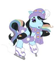 Size: 600x800 | Tagged: safe, artist:vernorexia, oc, oc:glacierine, pony, unicorn, g3, art trade, bipedal, black hair, clothes, hat, ice skating, mittens, multicolored hair, payment, pom pom, rainbow hair, scarf, shoes, simple background, skating, skirt, solo, transparent background, winter outfit